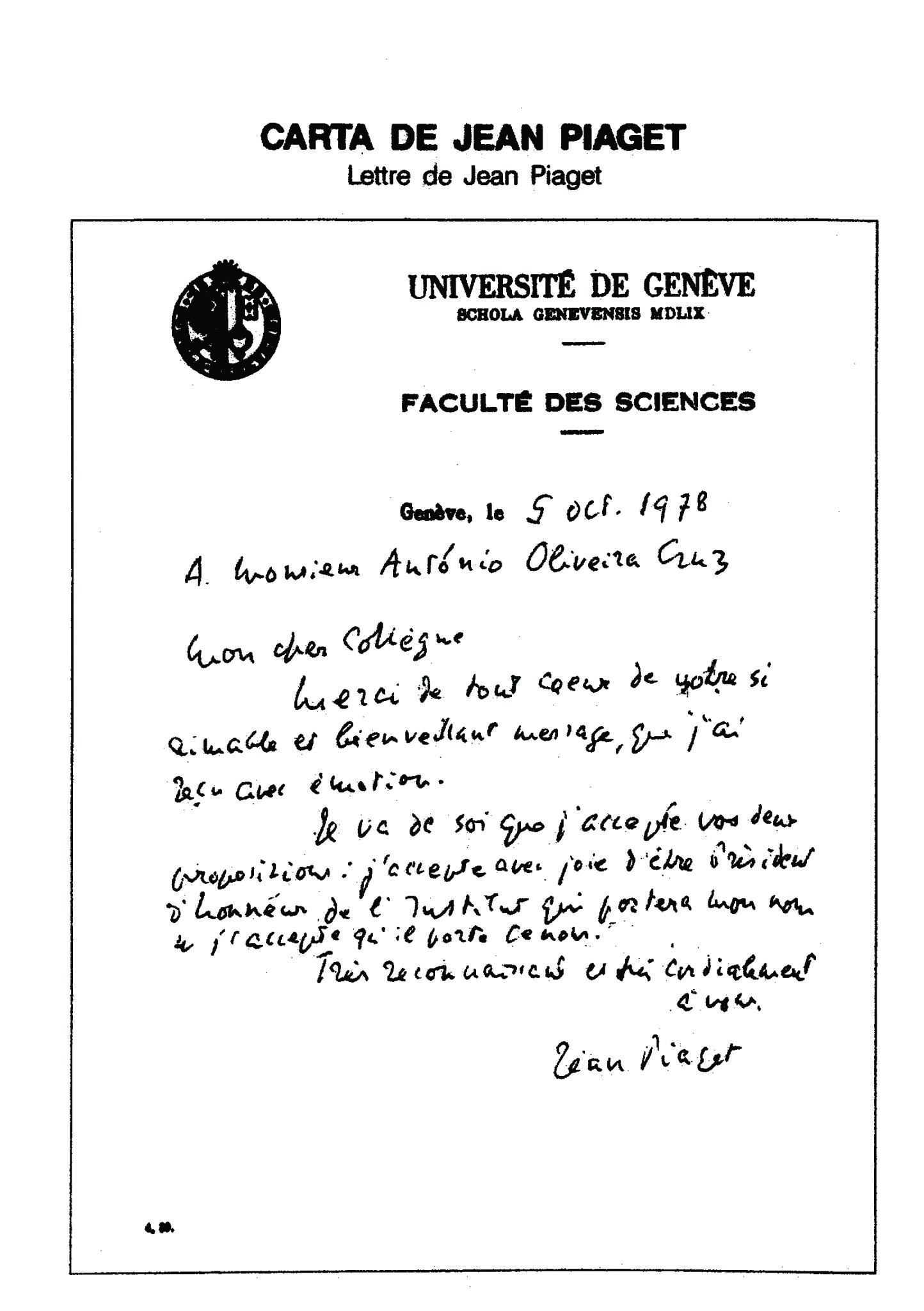 Carta de Jean Piaget ao seu Instituto foi há 40 anos